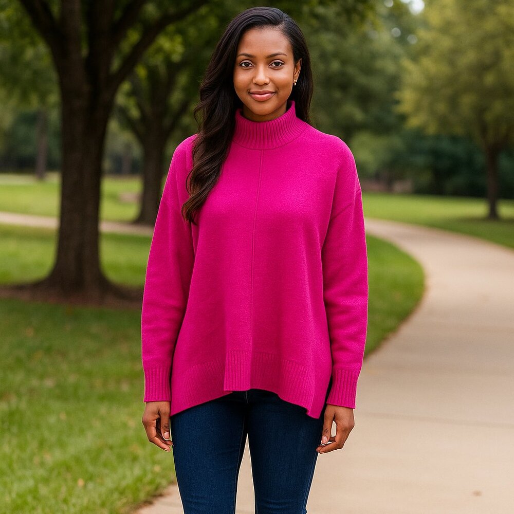 Tahari Women M Polyester/Spandex Pink Mock Neck Side Slits Office Travel Sweater
